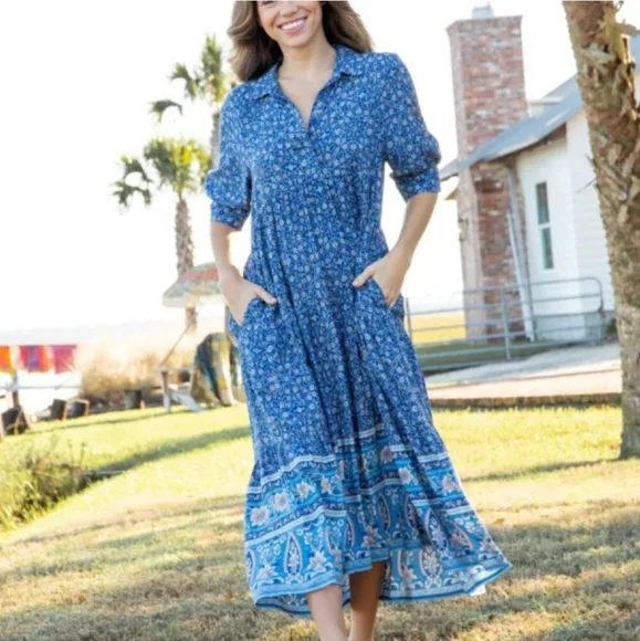 Natural Life Rebecca Midi Dress Blue Boho Cottagecore Style | Size M - Picture 1 of 7